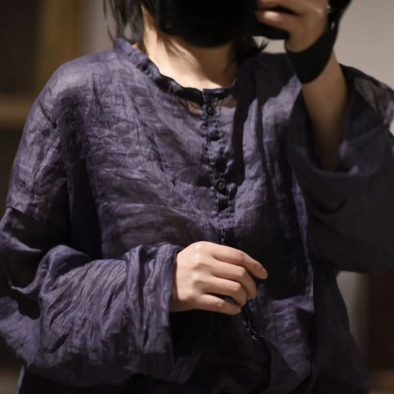 Camicetta in ramie letteraria sottile primavera autunno donna o collo manica lunga top ampio camicia lunga monopetto vintage morbida