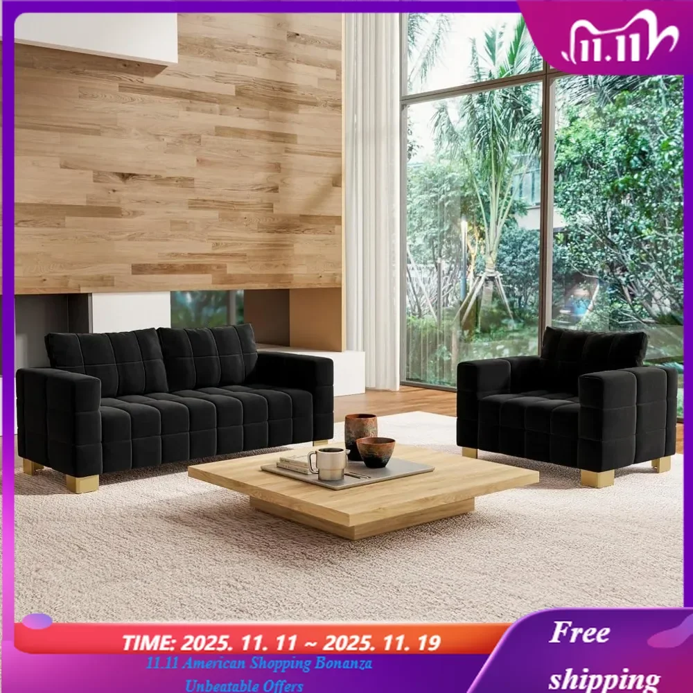 

3 Seat Tufted Chenille Sofa with Gold Metal Legs 81.89' Upholstered Couch with 2 Throw Pillows Included for Living Room Comforta