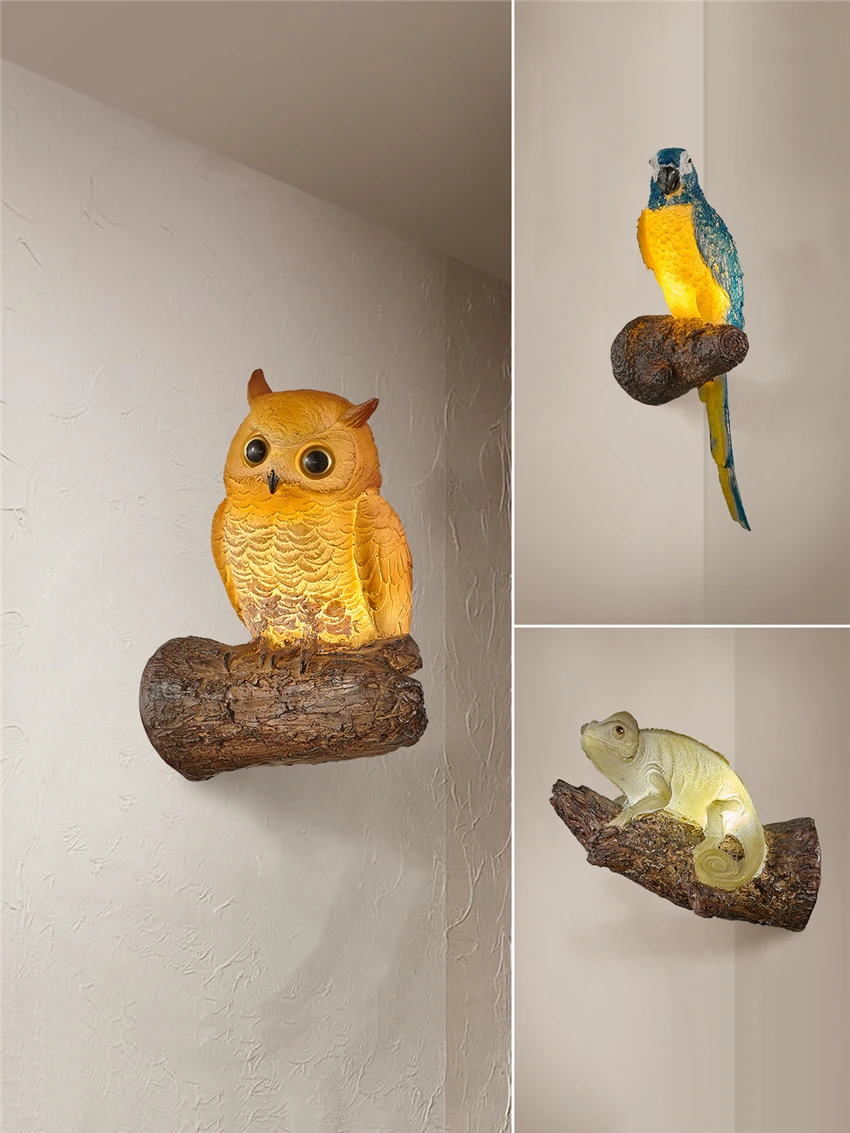 Nordic Painted Resin Animal Wall Lamp Owl Parrot Lizard Restaurant Corridor Bedroom Retro Industrial Style Decorative Wall Light