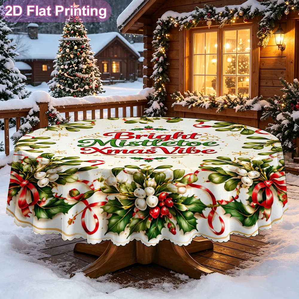 1 round tablecloth, Christmas mistletoe plate pattern table cover