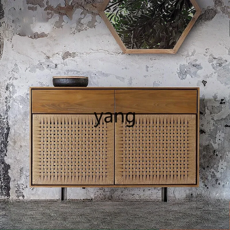 LT simple braided rope dining side cabinet modern living room teak color solid wood locker