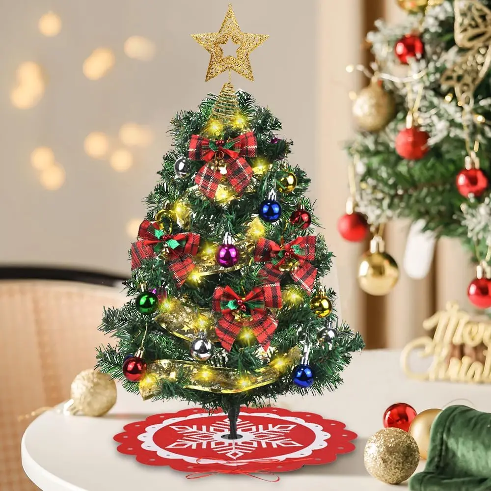 

2Ft Tabletop Small Christmas Tree, Artificial Mini Christmas Tree with Lights & Ornaments, Xmas Table Decoration