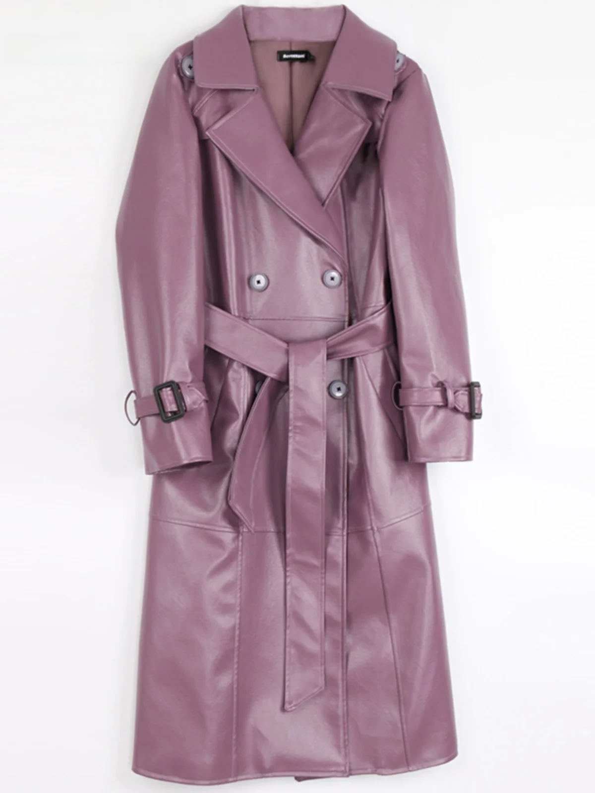 Nerazzurri Purple Leather Windbreaker Women's Long Sleeve Belted Coat Double-Row Buttons Black Fashionable PU Leather Jacket