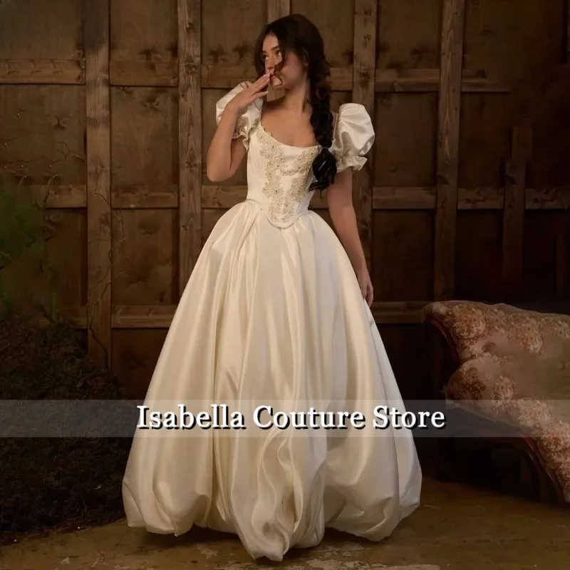 New Luxury Ball Gown Puffed Sleeve Ivory Satin Wedding Dress Lace Beaded Bodice Bridal Gowns Robe De Mariage Customized