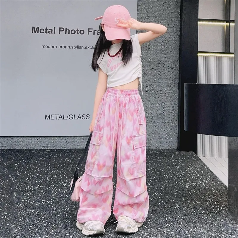 2026 Summer autumn Teens Tracksuit Girls Cloth Letters T-Shirt Crop Top + Heart Long Wide Leg Pant Kid 4 5 6 7 8 10 12 14 Year