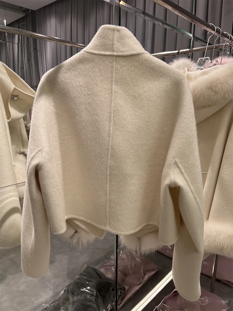 2024 nuova moda inverno cashmere lana cappotto di lana vera pelliccia giacca da donna pelliccia di volpe naturale tasca tuta sportiva da donna cappotto femminile