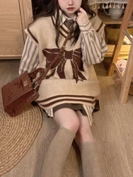 Autumn Korean Style 3 Piece Set Women Knitted Vest + Striped Blouse + Sweet Skirt Set France Vintage Party Mini Skirt Suit 2022