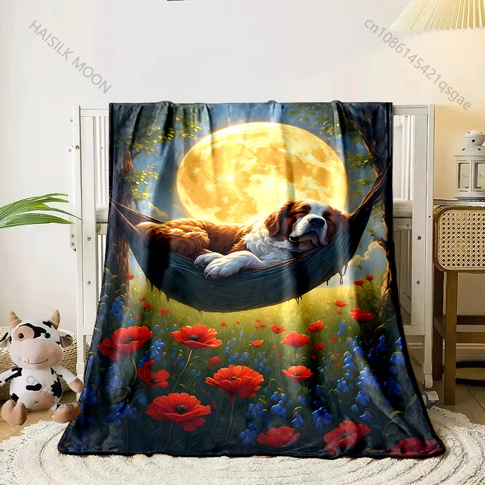 Dog in hammock under moonlit flowers Print Adult Children Warm Blanket Home Travel Car Soft Comfortable Suitable for all seasons