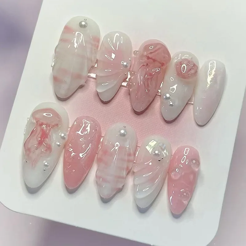 

24PCS Press on Nails Almond Shape Pink Gradient French Design with 3D Floral Ripples Bow Pearl Details Jelly Gum Nails Art Set