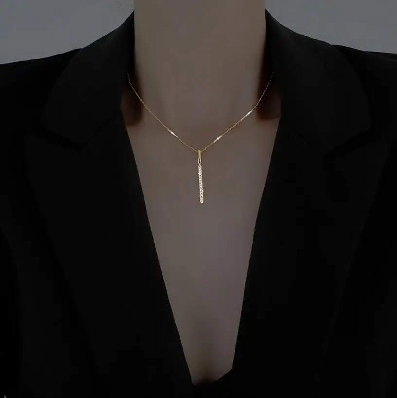 Hot Sale 925 Sterling Silver Geometric Stick Pendant Necklace Shine Zircon Clavicle Chain Birthday Gifts Fine Jewelry for Women