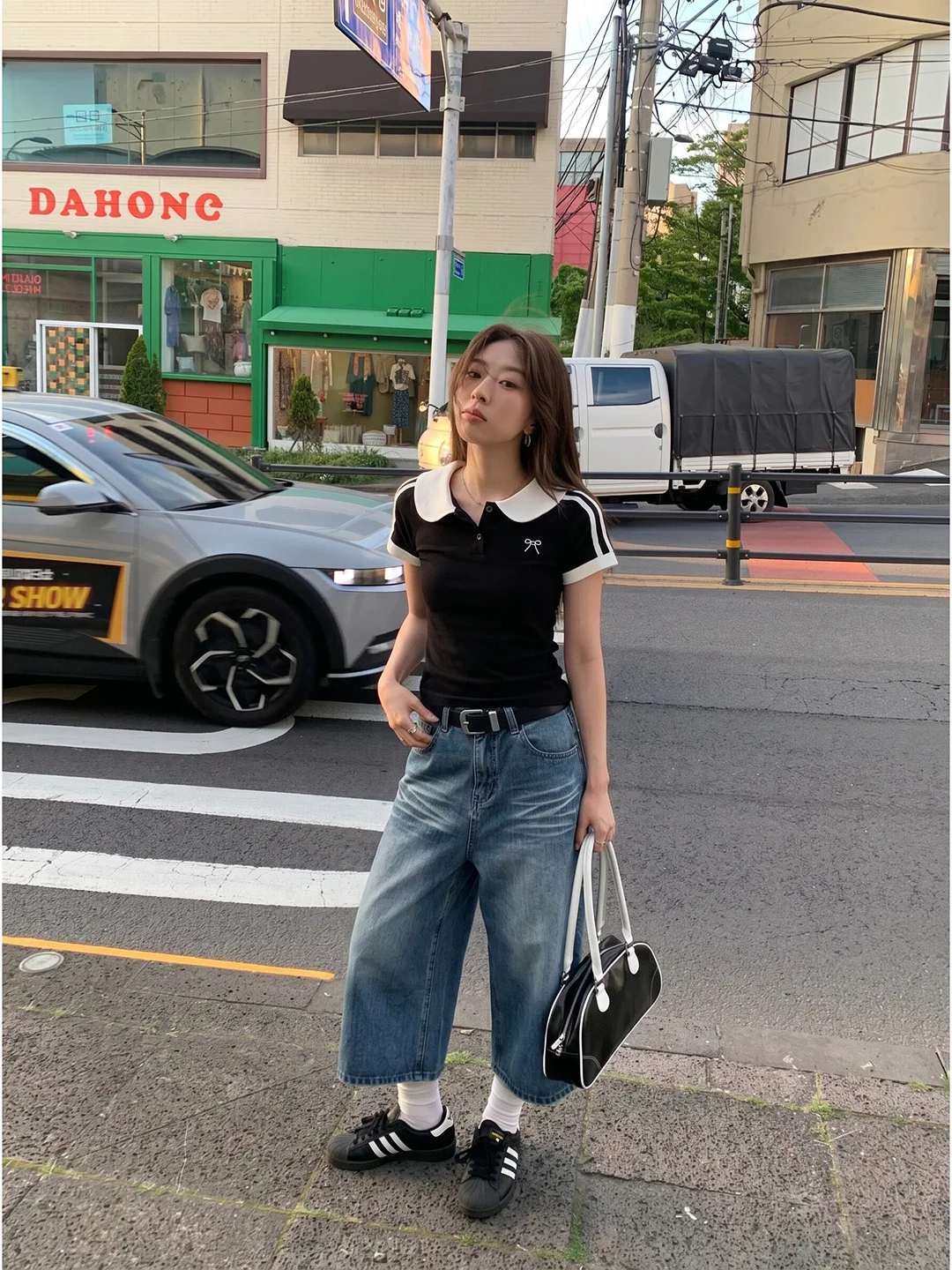 Retro Color Block Doll Collar  Knot Short Sleeve T-Shirt Women's Slimming College Style Top Breathable Sweat Absorbent