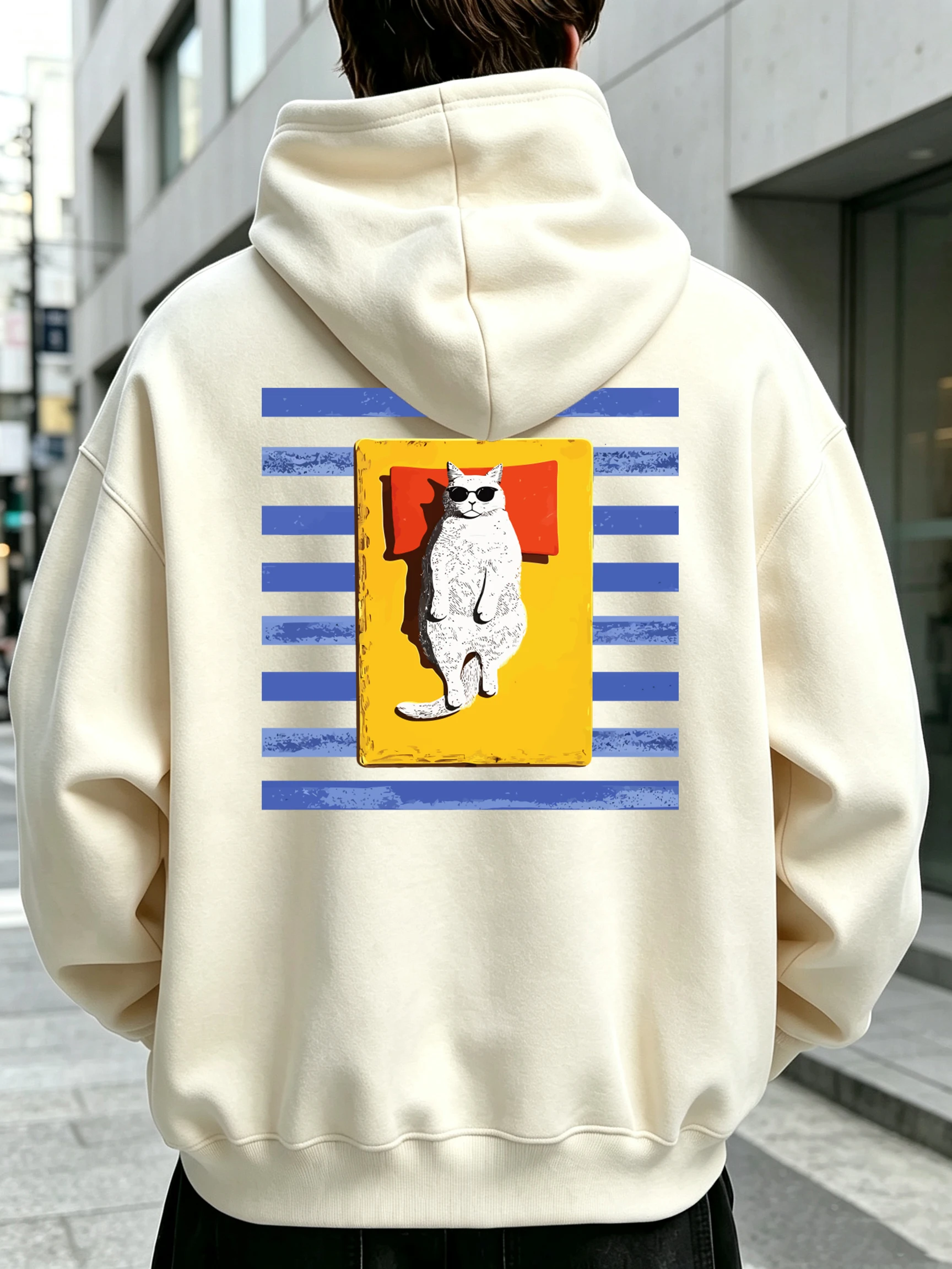Relax Cool Cat With Sunglasses Pattern Men Hoodies Pocket Fleece Long Sleeve Loose Hip Hop Streetwear Autumn Casual Pullover