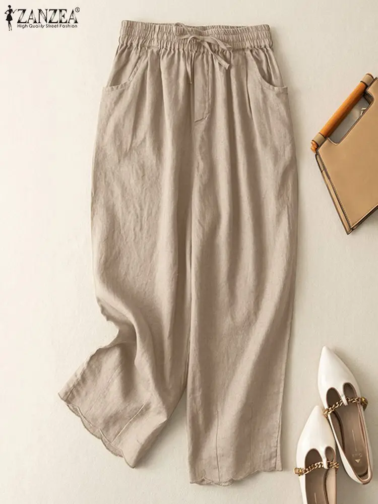 2024 Summer Cotton Trousers ZANZEA Oversize Turnip Women Elastic Waist Pantalon Casual Work Palazzo Elegant Loose Wide Leg Pants