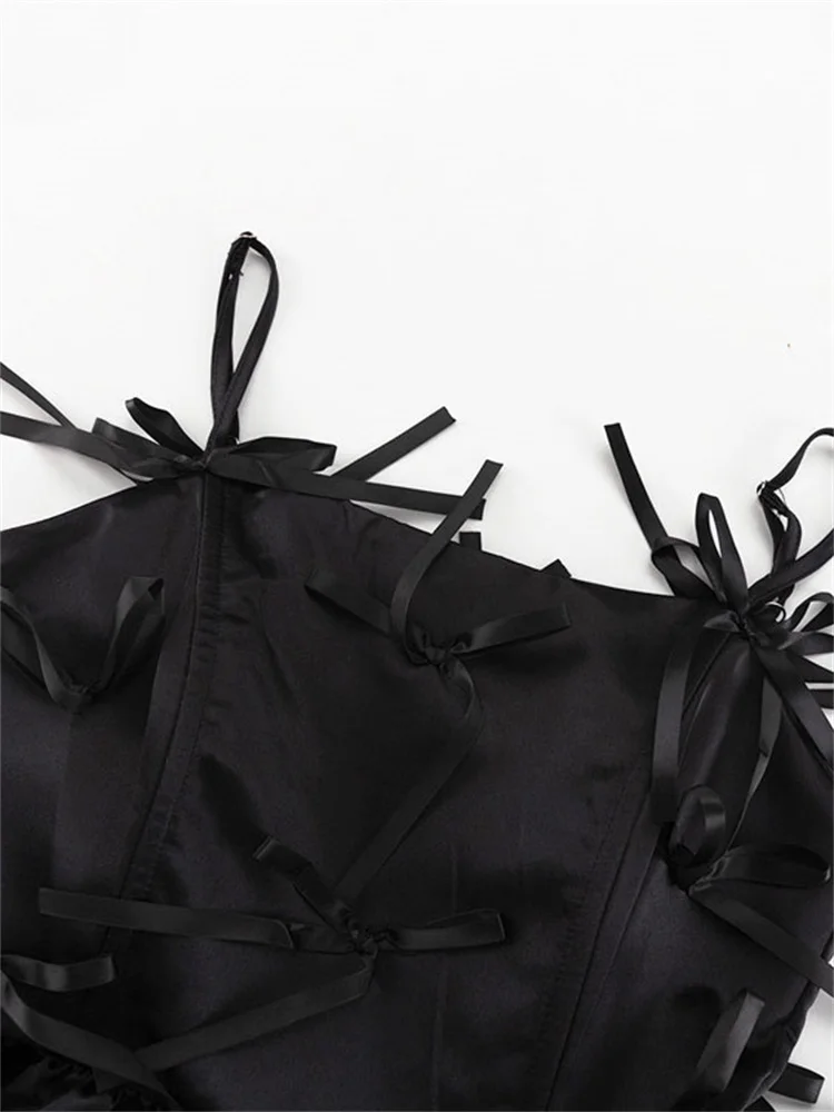 Tossy noir t-shirt nœud décontracté Mini robe femme pansement dos nu été 2025 nouveau Patchwork Spaghetti robe femmes robe moulante