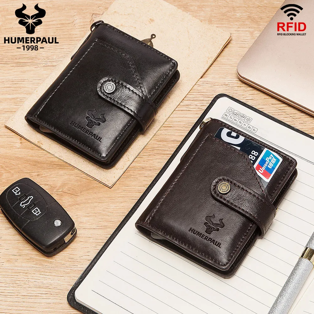 Genuine Leather Small Money Wallets for Men RFID Protected Pop Up Credit Card Holder Aluminium Smart Wallet with Money Clip