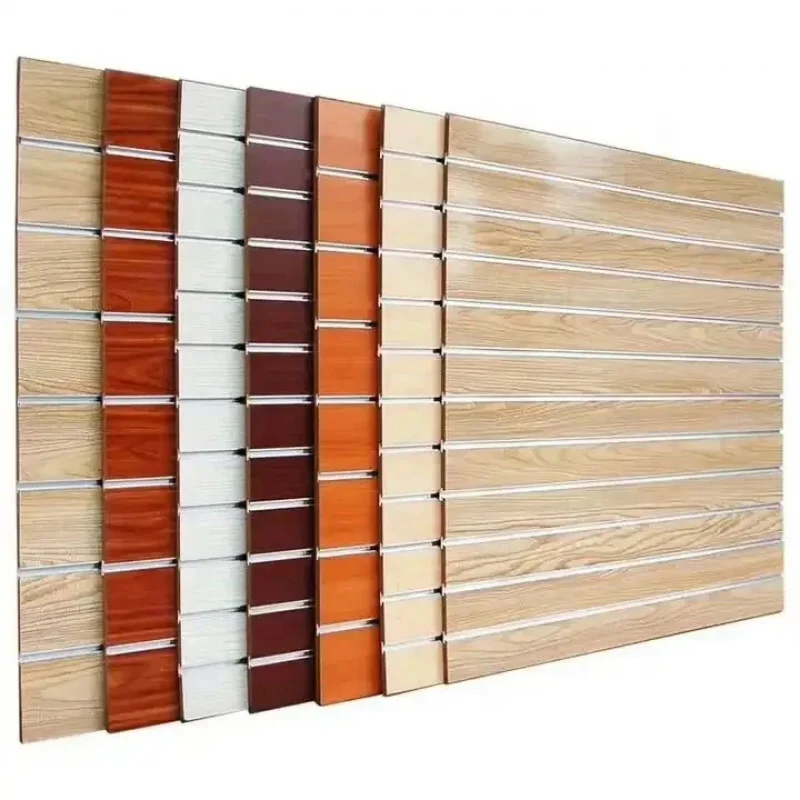 custom.HiKUYA High Quality Aluminum Insert MDF Board Slatwall Panel Supermarket Display with E0 Formaldehyde Em