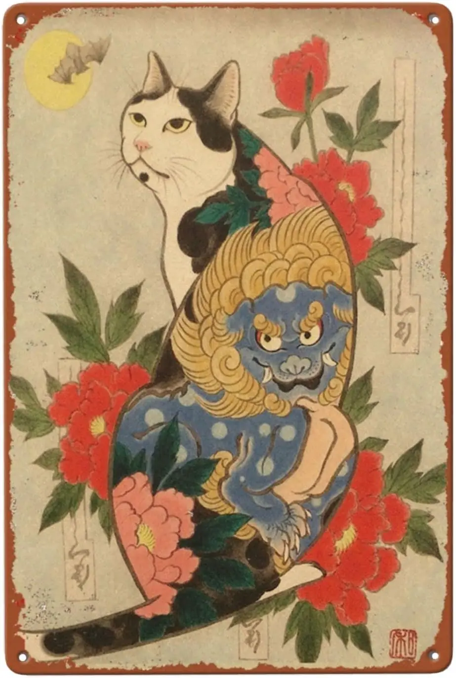 Licpact Vintage Japanese Samurai Cat Tattoo Retro Home Cafe Office Poster Decor Art Bar Pub Garage Classic Wall Deco