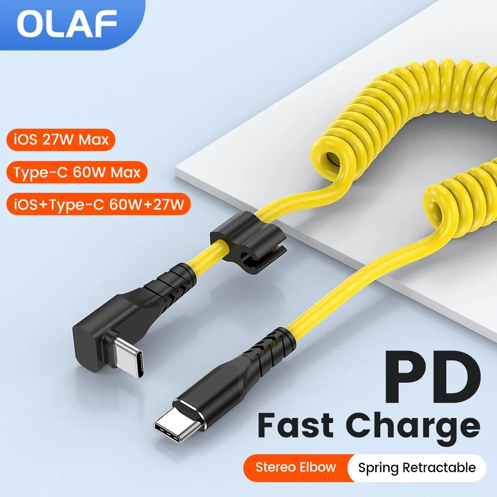 60W USB Type C Data Cable 27W Type C to ios Cable Spring Retractable Fast Charging Cable for Phone Accessories Car USB Cable