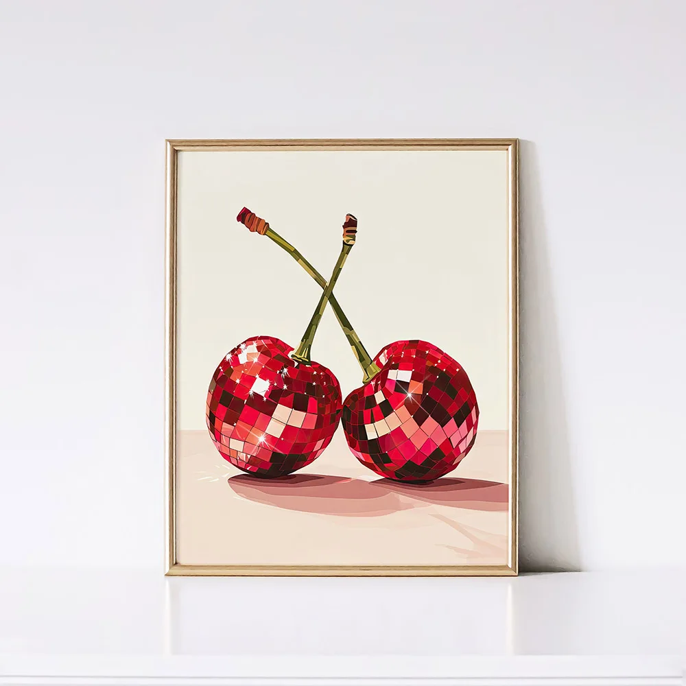 Glam Disco Ball Red Strawberries Oranges Cherries Poster Disco Art Print Retro Wall Canvas Painting Preppy Trendy Kitchen Decor