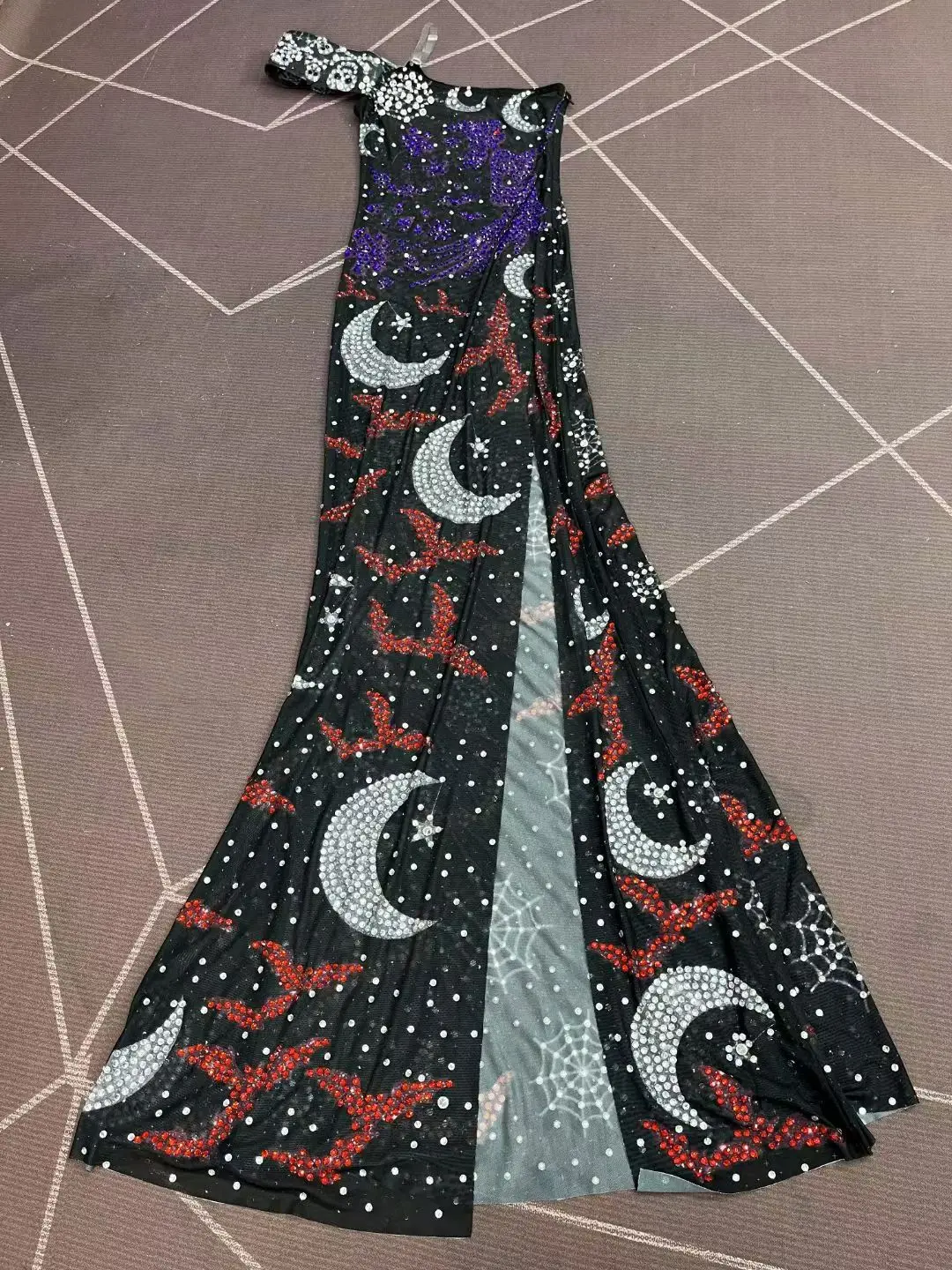 Nvwu Elegante Frauen Abendkleid mit Schrägen Schultern Ärmeln Sexy Schwarz Mesh Strass Schlitz Kleid Bar Tänzerin Leistung Kostüm