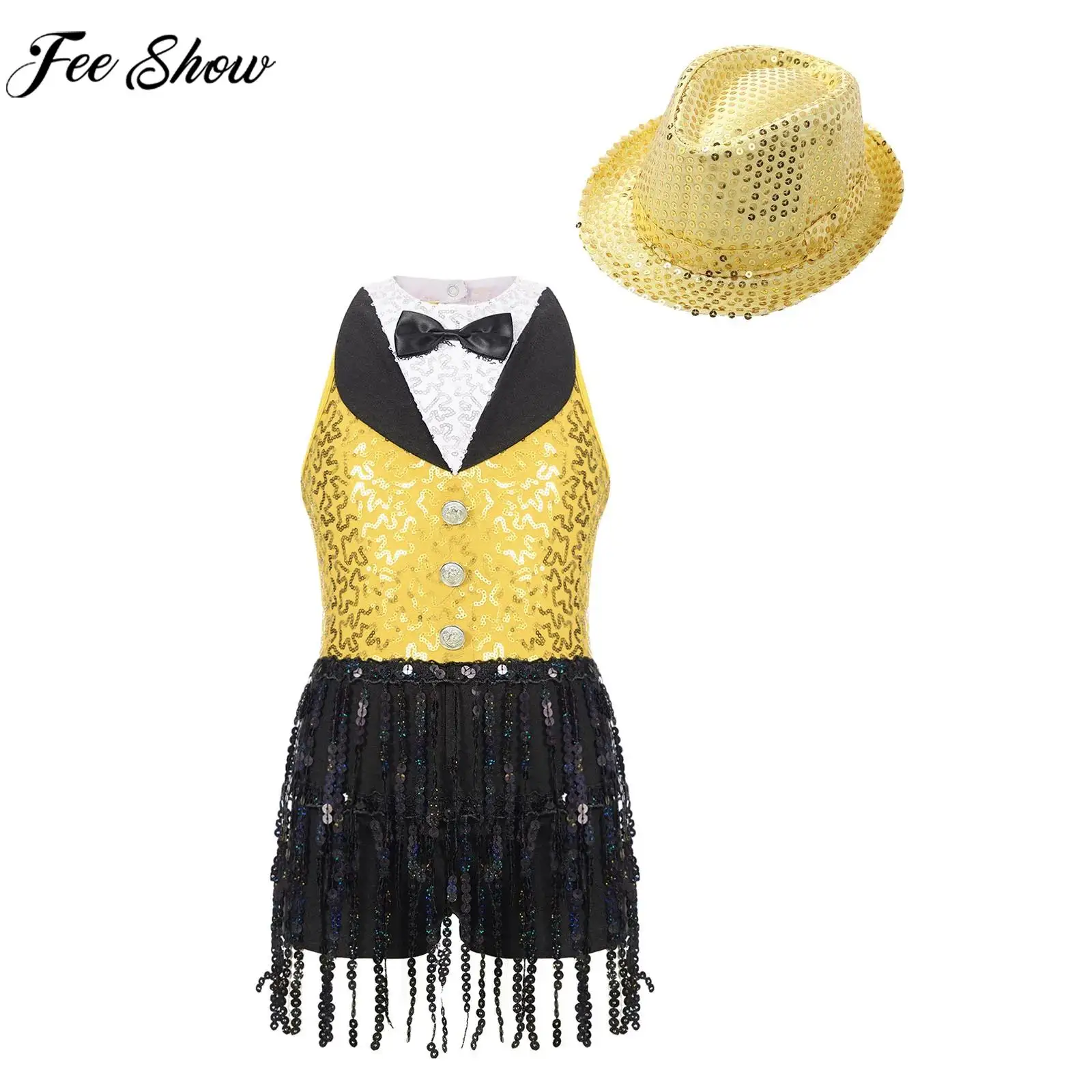 

Children Girls Jazz Tap Dance Performance Costume Sleeveless Sequin Tassels Leotard Dress with Hat for Latin Cha-cha Rumba Samba