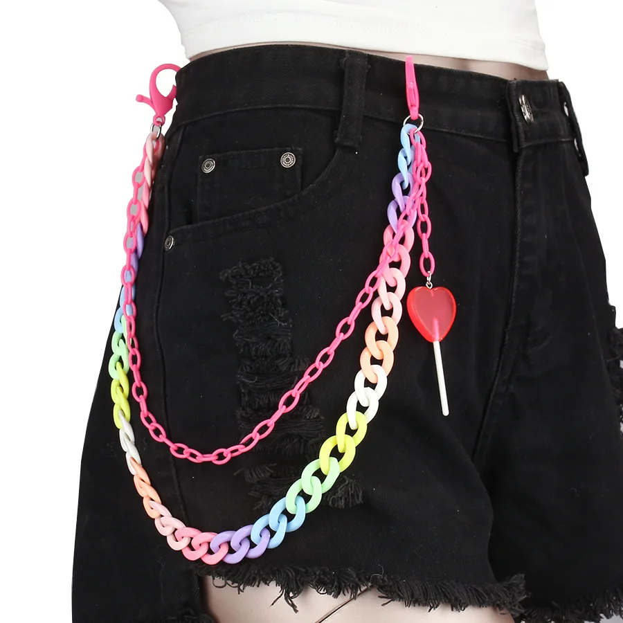Hip Hop Rainbow Resin Chain Keychain Men Women Waist Chain Multicolor Acrylic Heart Lollipop Pants Trousers Chain Punk Jewelry