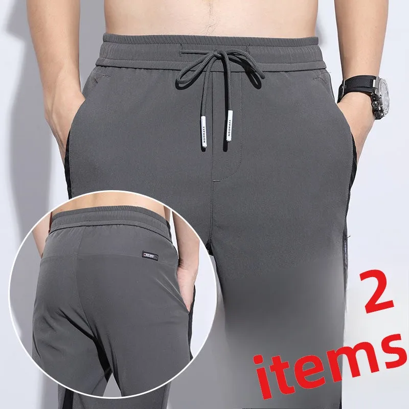 

Ice Silk Men's Casual Wide Leg Sports Pants Summer Thin New Faion Loose Elastic Straight Cut Anti-Wrinkle Polyester Fiber