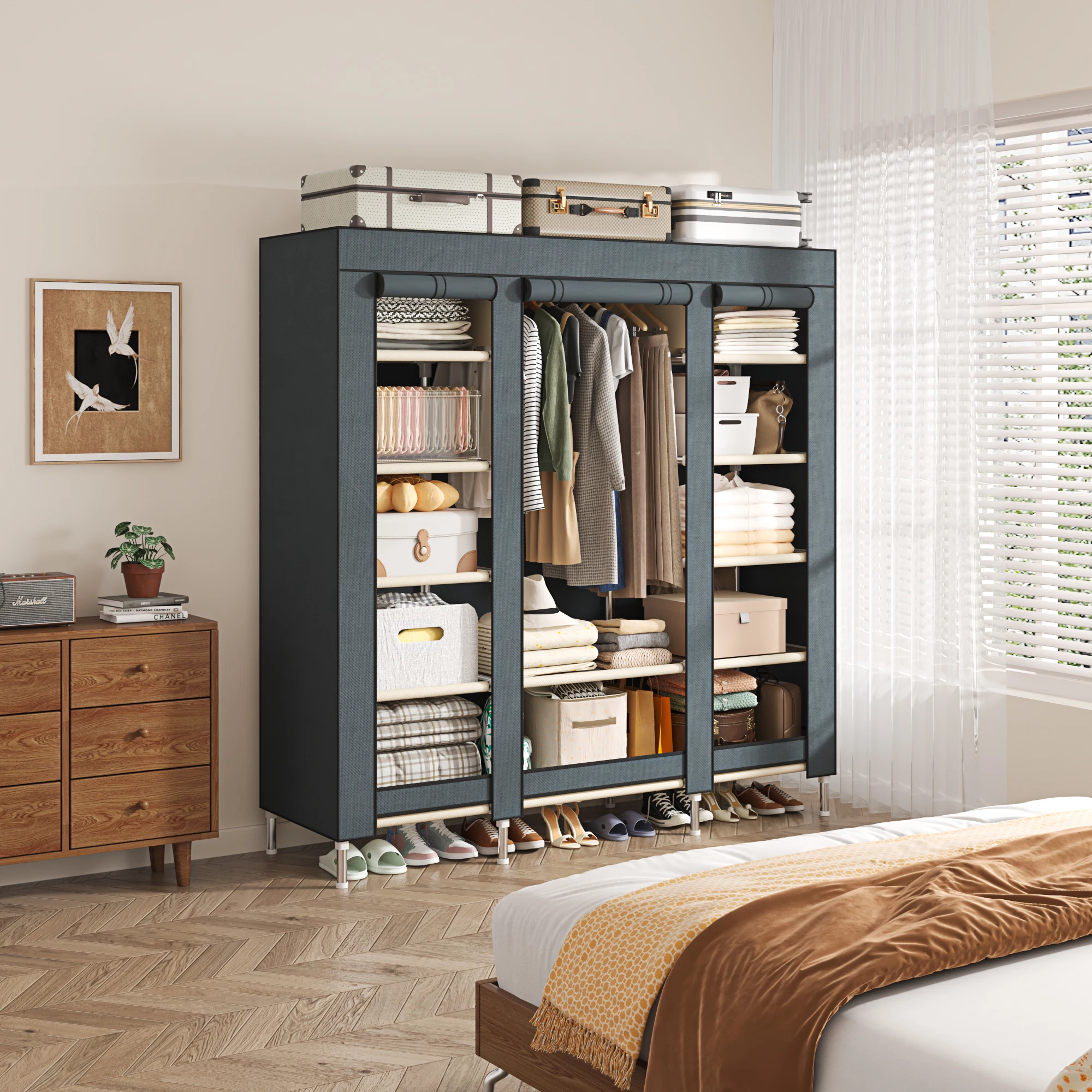 Large-Capacity Multi-Compartment Fabric Wardrobe Easy Assembly ARMOIRE with 11 Storage Shelves for Home Bedroom Use