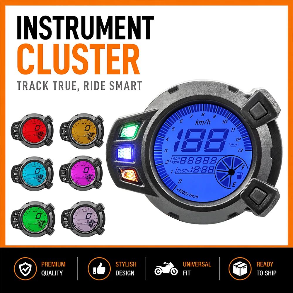12V Motorcycle Multi-functional 7 Color Digital Dashboard Speedometer Tachometer Odometer 0-199KM/H LCD Backlight