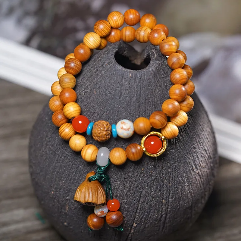 

Aged Black Oil Thuja Sutchuenensis DIY Double Loop Bracelet: Retro Buddhist Lotus Pod Beads, Chinese Style Hand Jewelry Gift
