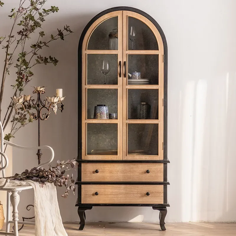 for French Wall Arched Glass Door Side Cabinet Double Door Locker Retro Figure Model Storage Transparent Collection Cabinet