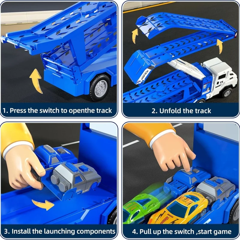 Zabawny zestaw 5 w 1: ciężarówka kontenerowa na szynach z podwójnym trybem jazdy, z 4 metalowymi samochodami wyścigowymi, prezent urodzinowy/świąteczny dla chłopców i dziewczynek.