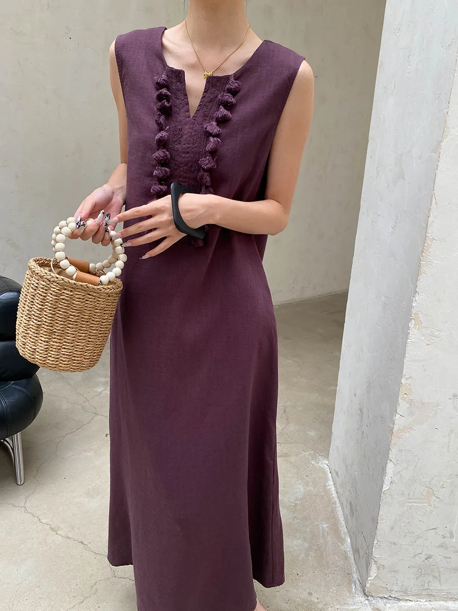 Sommerliches, lässiges, einfarbiges, ärmelloses Westenkleid für Damen mit V-Ausschnitt, Stickerei und Quasten – Detail 10