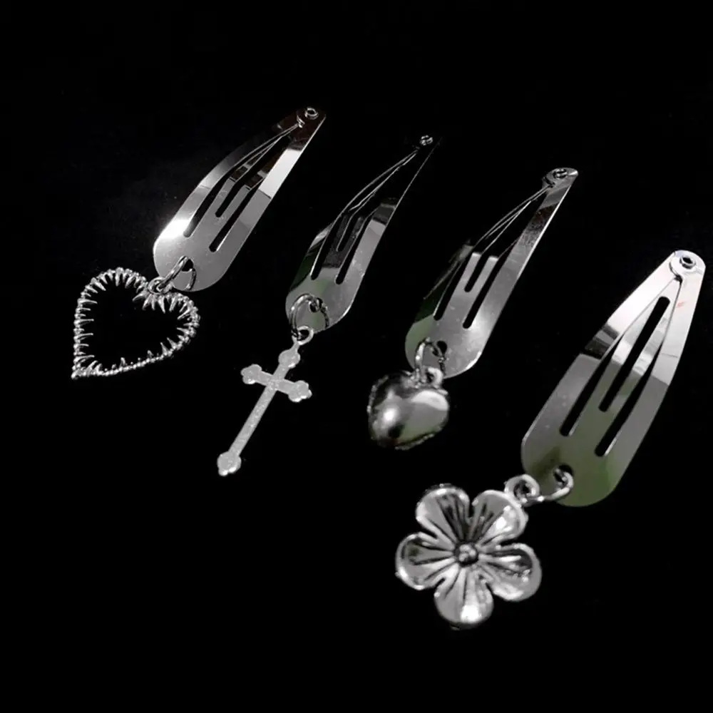 2pcs/set Y2K Punk Hip Hop Hair Clip Silver Color Cross Heart Cherry Drop Water Metal Hair Clip for Women Girls Cool  Accessories