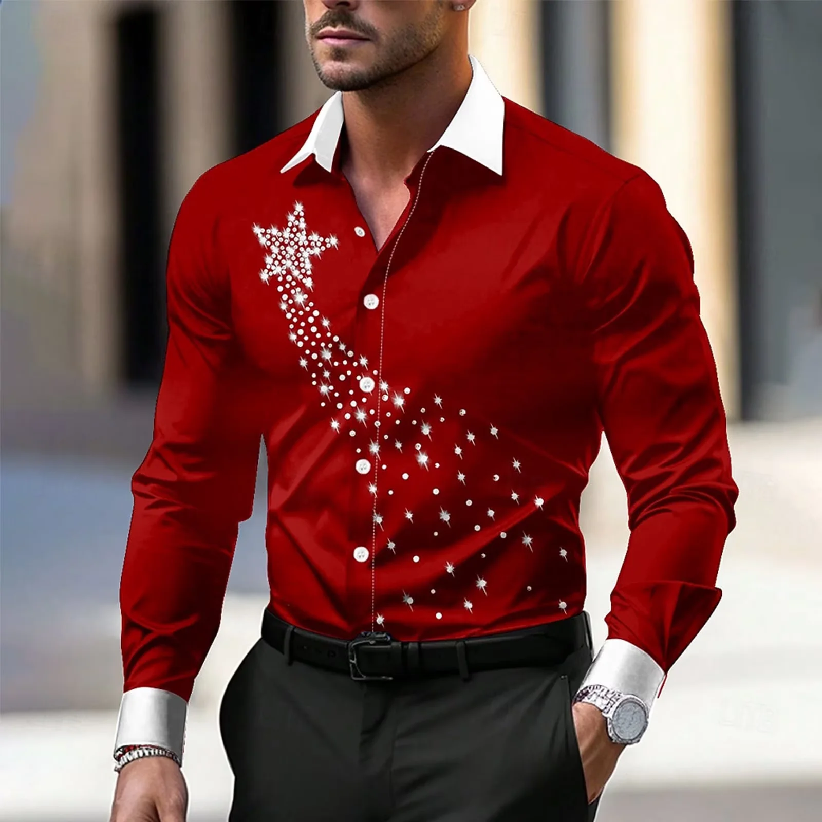 Men's fashionable button-up shirt with Christmas print collar, long-sleeved shirt suitable for holiday wear and gift giving