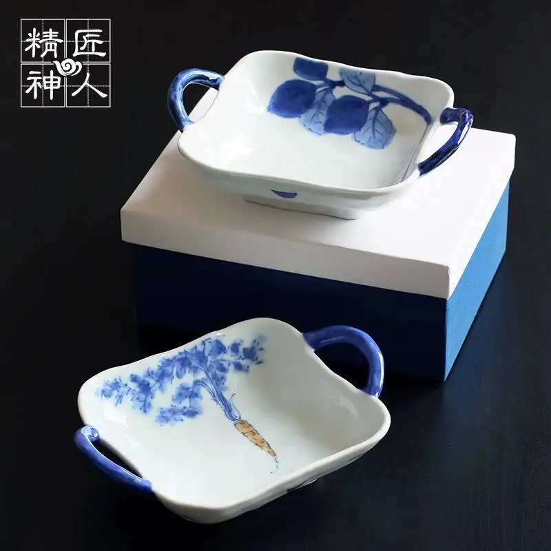 Two Boxes Containing Japanese Imported Arita Ware Hand-Painted Vegetable-Patterned Double-Handle Plates Blue And White Bowls,