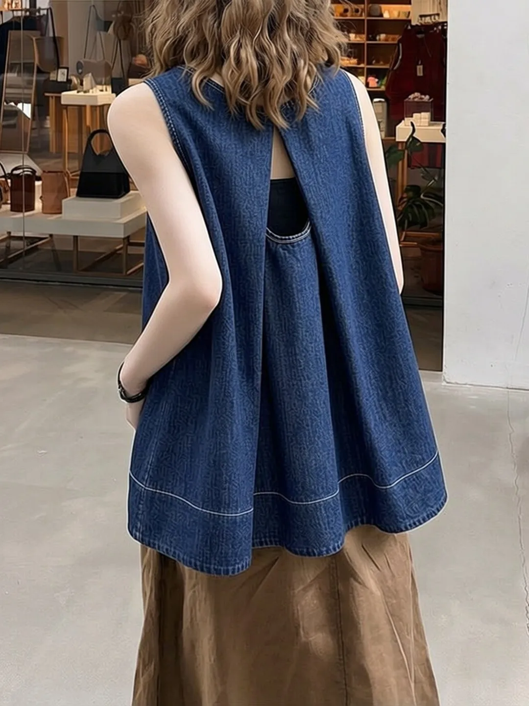 

Slimming Denim Backless Vest Large Size Women's round Neck Sleeveless A-Line Top Comfortable Cotton Polyester Summer New Arrival