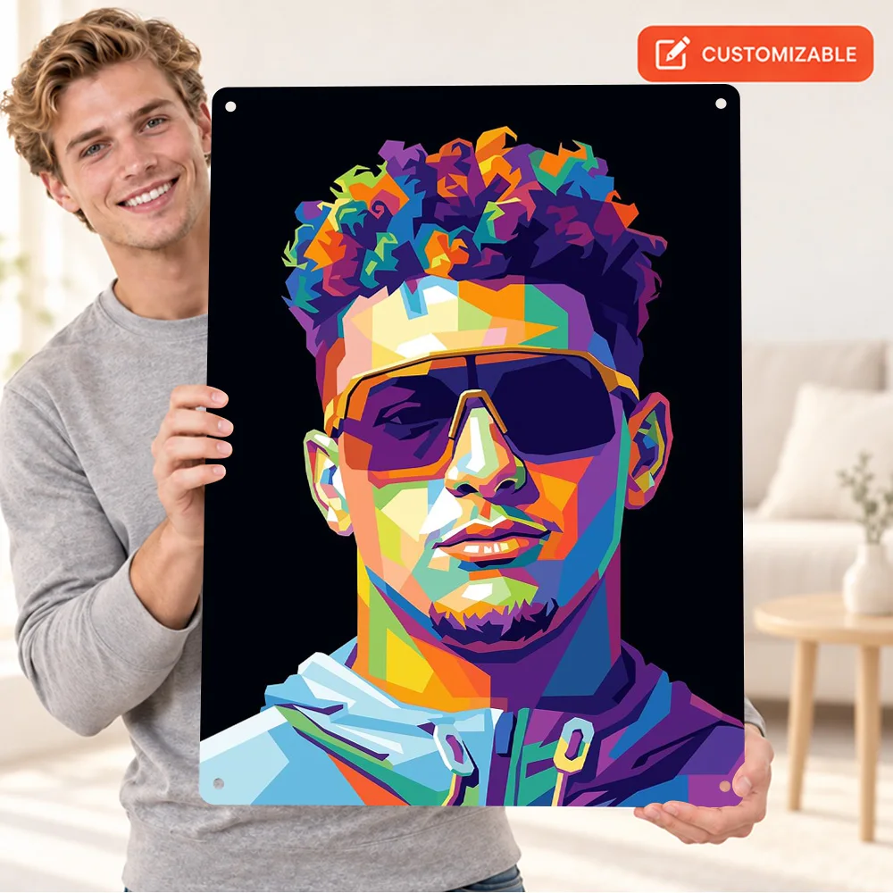 Patrick Mahomes Printed Poster Customized Aluminum Metal Sign Geometric Illustration Wall Art For Man Cave Football Fan Gift