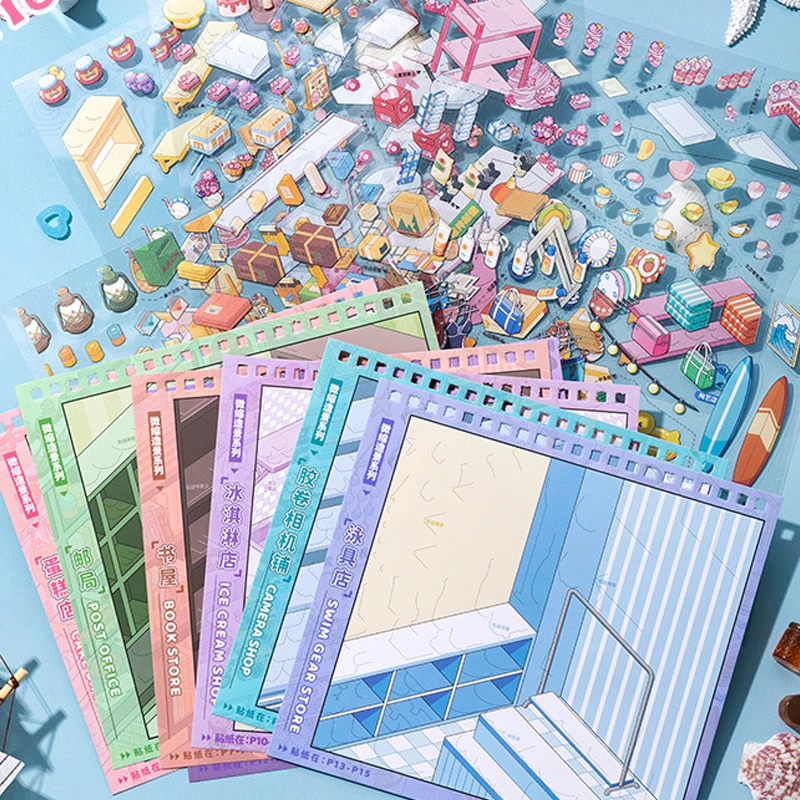 Kawaii 3D Miniature Summer Theme Stacking Scene Sticker Book for Journal Scrapbooking Stress Relief DIY Festival Gifts