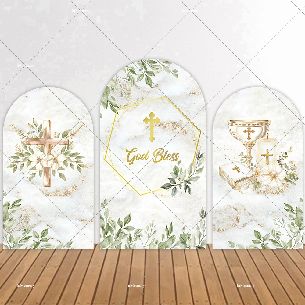 Kids Baptism First Holy Communion Arch Backdrop Green Leaves Marble Cross God Bless Backgrounds Mi Primera Communion Banner