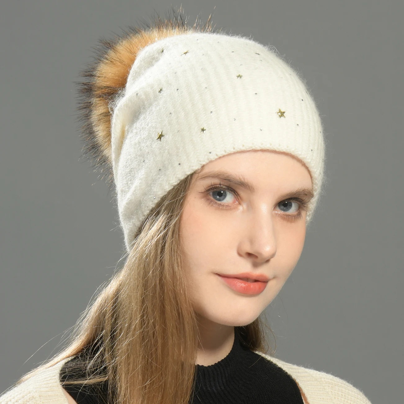 Jxwatcher Winter Beanie Hat with Real Raccoon Fur Pompom Comfortable Wool Blend Knitted Hats Double Layer Thick Warm Outdoor Cap