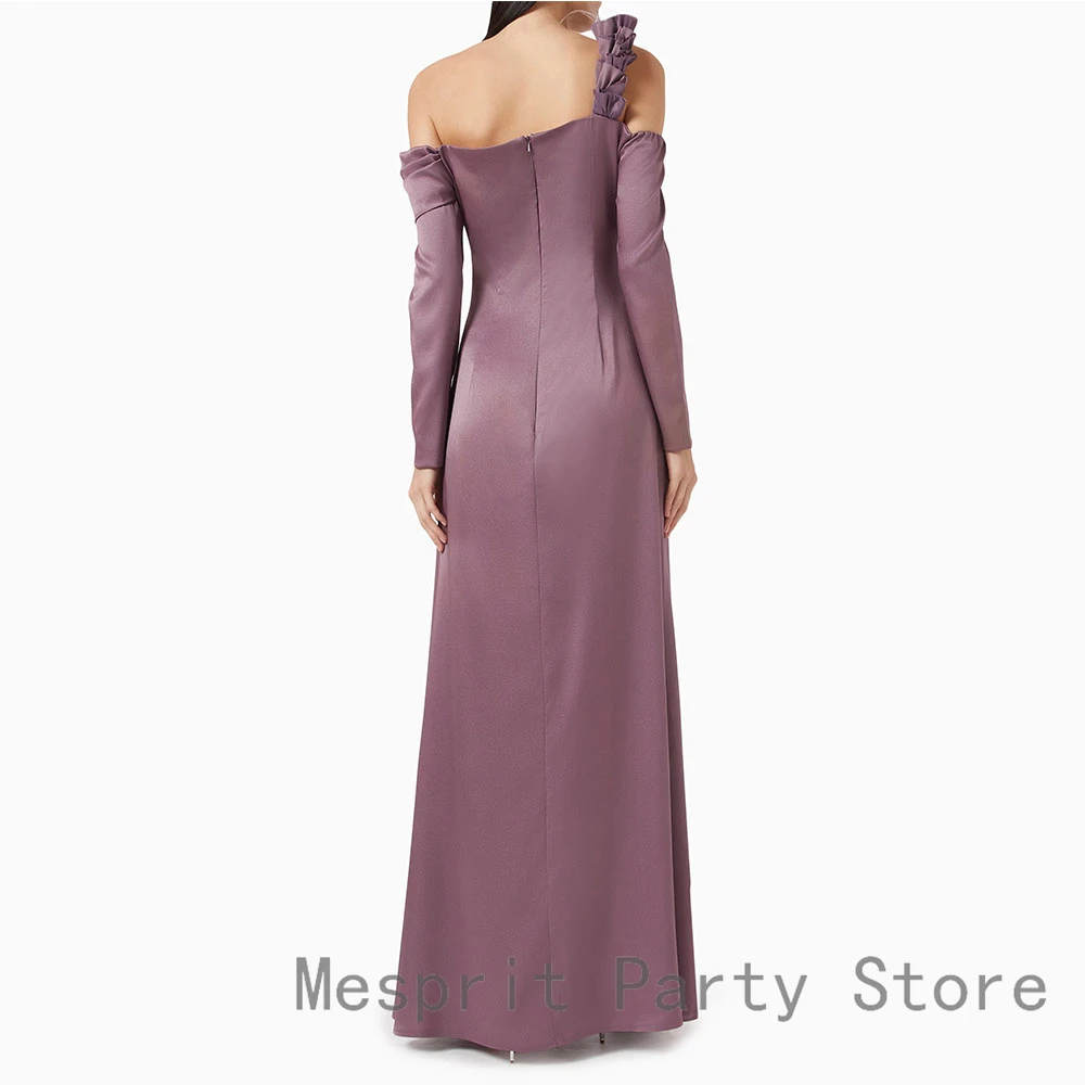 ワンショルダープロムドレス 花付きイブニングドレス 長袖 フォーマルウェディングパーティードレス フロアレングス Aライン サウジガウン