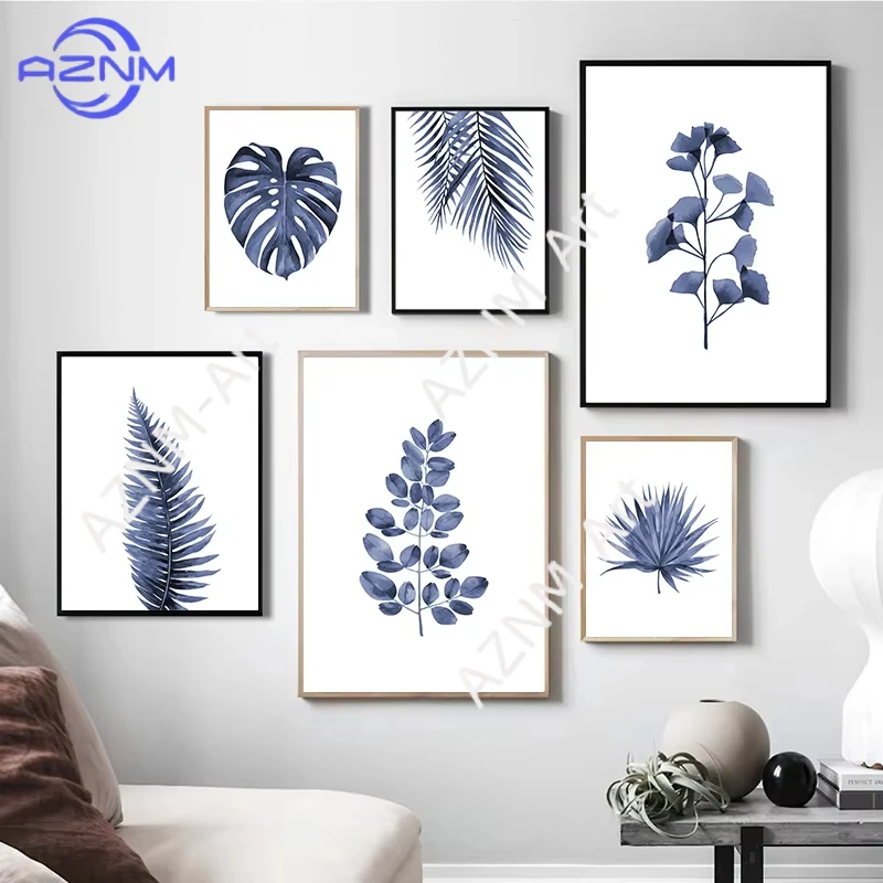 1/6 Stück blaue Farn-Monstera-Palmenblatt-Pflanzenposter und -drucke, moderne Aquarell-Wandkunst im Hamptons-Stil, Leinwand, Heim- und Raumdekoration