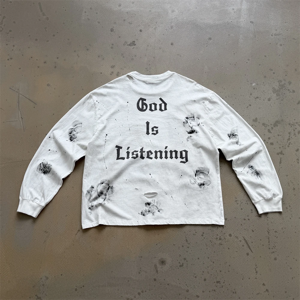 Washed Saint God is Listening Long Sleeves T Shirt Men Women Hand drawn ink splatter graffiti style T-shirt Top Tees