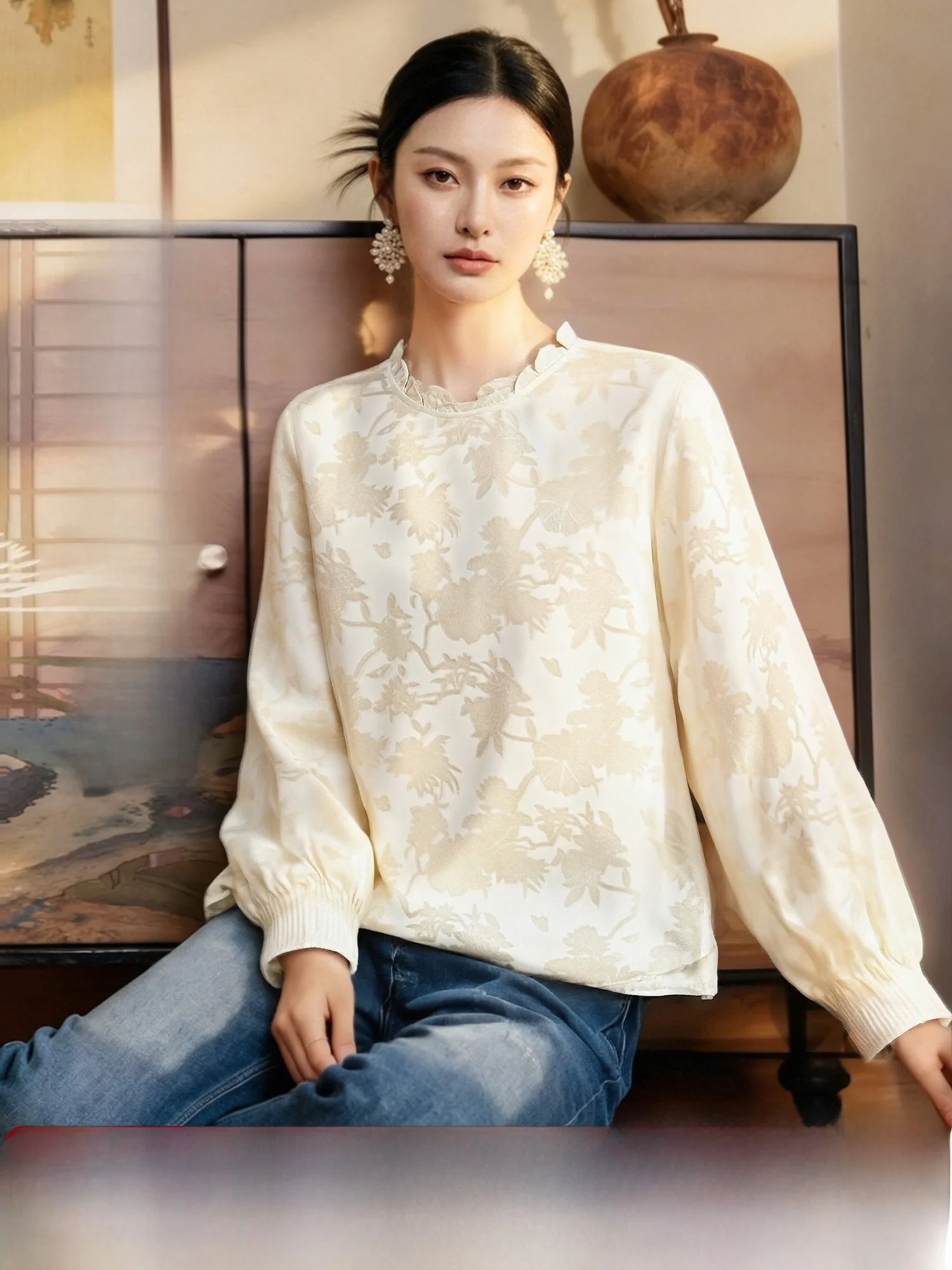 

Женская блузка из шелка с вышивкой в виде цветов пиона, свободного кроя, с длинными рукавами, деревянным воротником, дышащая и комфортная