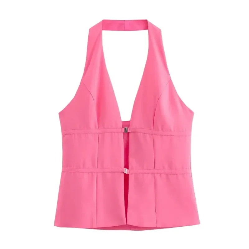 Women Fashion SolidSleeveless Backless Halter Neck Waistcoat 2024 Summer Sexy Button-up Chic Tops Girl Outwear Tops