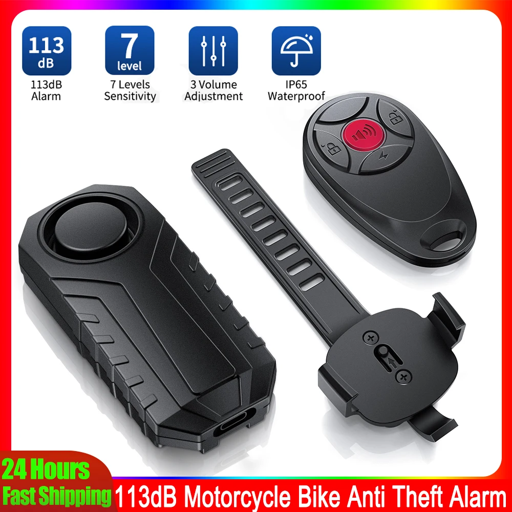 elecpow nova alarme de bicicleta 113db tipo c recarregavel motocicleta sistema de alarme anti roubo controle remoto sem fio com suporte 01