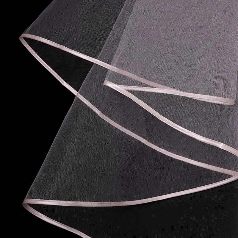 91AF Double Layer Mesh Tulle Color Women Short Wedding Veil with Comb Ribbon Center Cascade Bride Party Headpiece