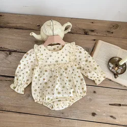 FLM Spring and Autumn Newborn Baby Romper  Lace Round Collar  Long Sleeve Infant Girls Creeper Baby Clothes 0-24M