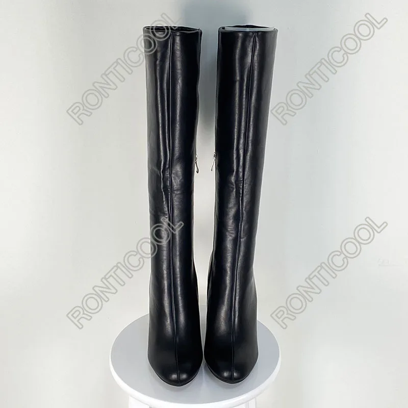 Ronticool 2021 Women Winter Knee High Boots Side Zipper Square High Heels Round Toe Elegant Black Shoes Women Plus US Size 5-15